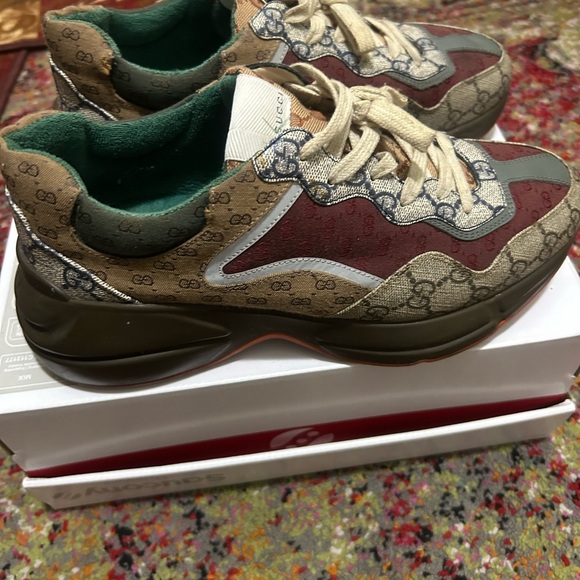 Gucci Beige and Burgundy Monogram Sneakers